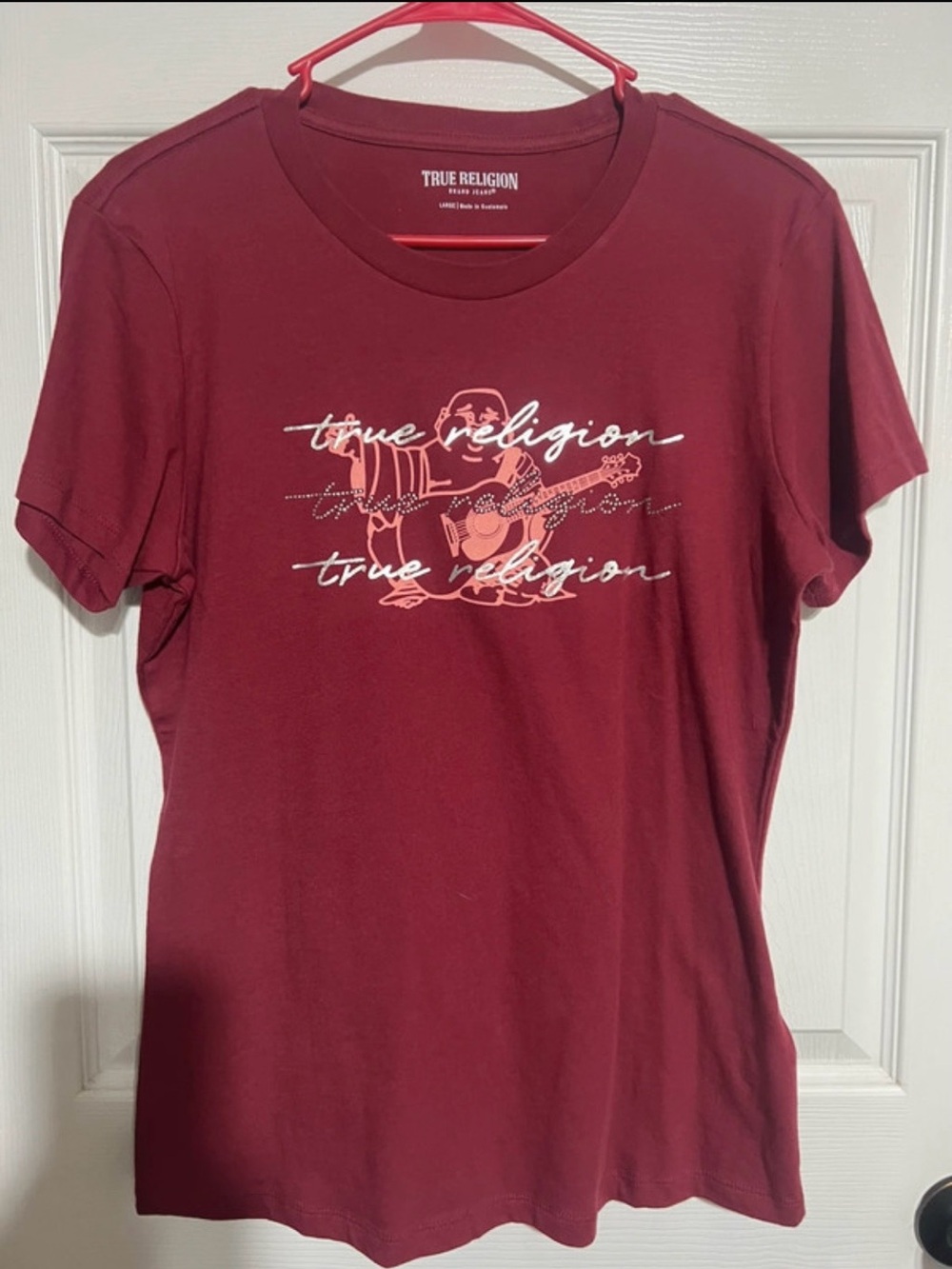True Religion Women's Short Sleeve Graphic Tee - Burgundy with White Logo